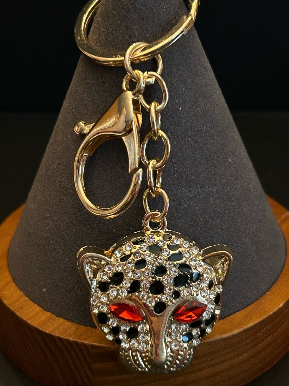 Gold Leopard Head Keychain Bag Charm w/Assorted Color Crystal Eyes